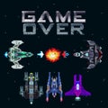 Retro video game, screen, arcade space warships, shooting, background map, vector graphic design illustration. 16 bit, 8 bit . Spa